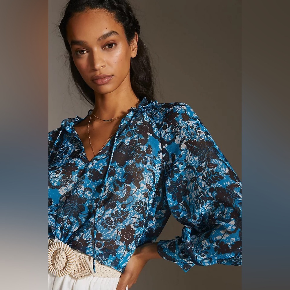 Anthropologie Teal-Blue and Black Floral V-Neck Puff Sleeve Blouse